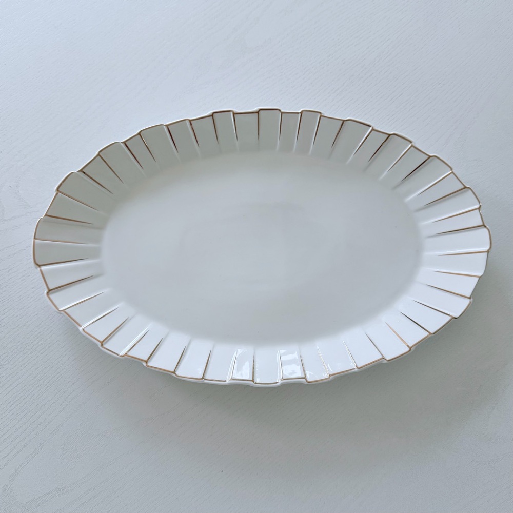 Oval Scalloped Ceramic Platter with Gold Tone Trim Accent